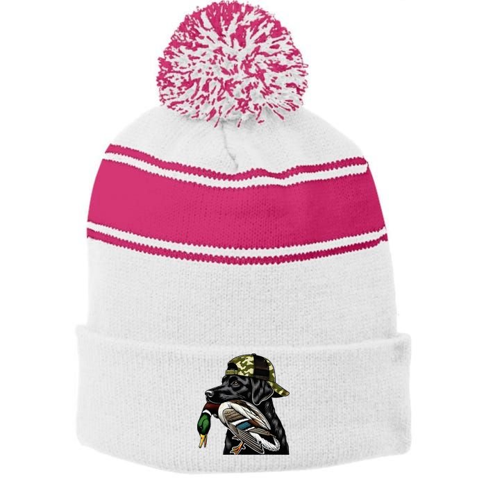 Labrador Hunting Dog With Duck Hello Hunting Season Stripe Pom Pom Beanie