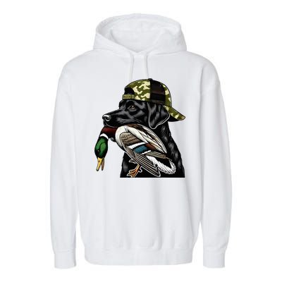 Labrador Hunting Dog With Duck Hello Hunting Season Garment-Dyed Fleece Hoodie