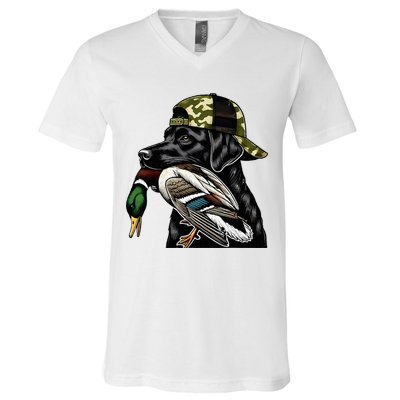 Labrador Hunting Dog With Duck Hello Hunting Season V-Neck T-Shirt