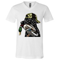 Labrador Hunting Dog With Duck Hello Hunting Season V-Neck T-Shirt