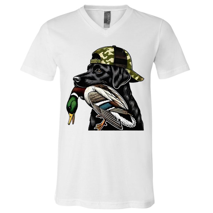 Labrador Hunting Dog With Duck Hello Hunting Season V-Neck T-Shirt