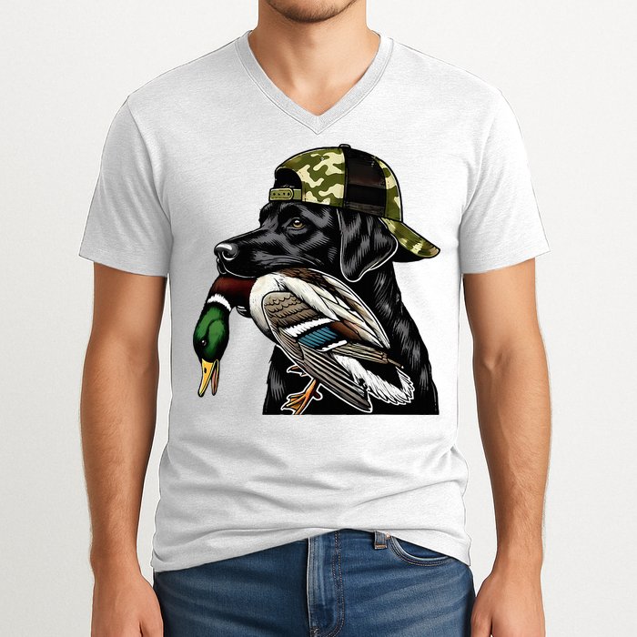 Labrador Hunting Dog With Duck Hello Hunting Season V-Neck T-Shirt