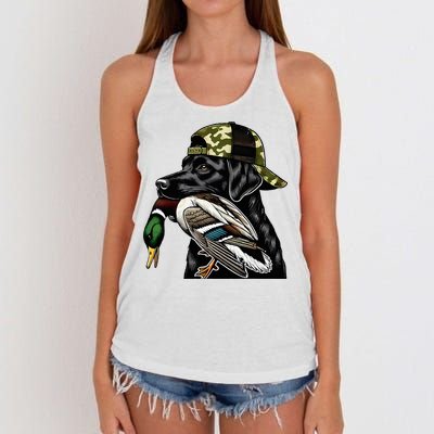 Labrador Hunting Dog With Duck Hello Hunting Season Women's Knotted Racerback Tank