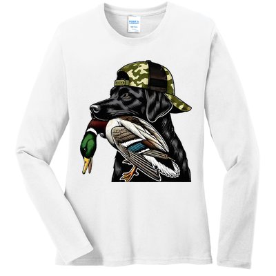 Labrador Hunting Dog With Duck Hello Hunting Season Ladies Long Sleeve Shirt