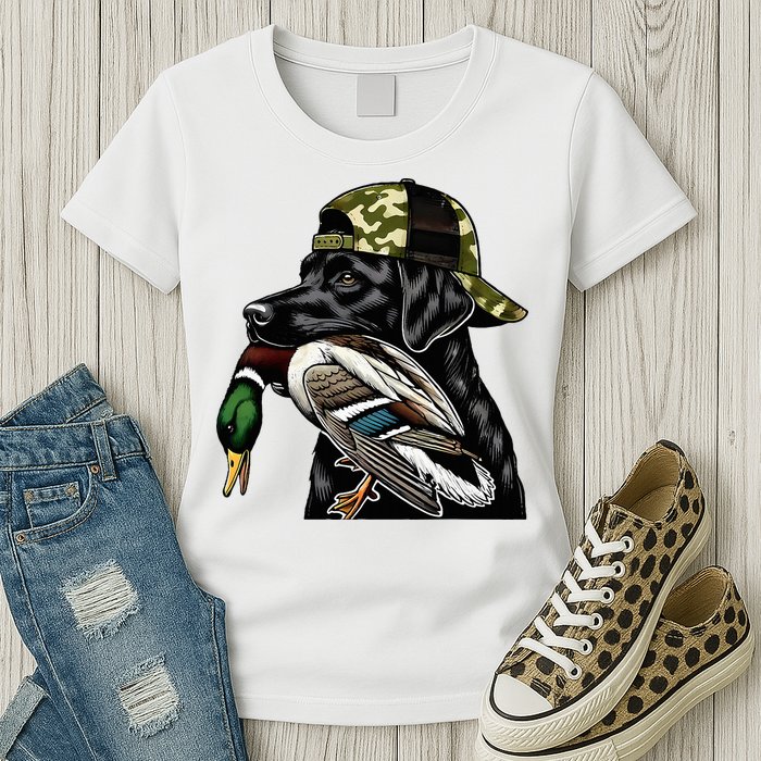 Labrador Hunting Dog With Duck Hello Hunting Season Womens T-Shirt