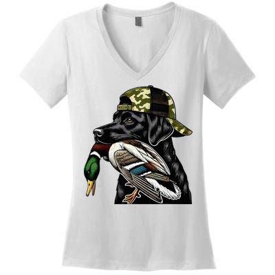 Labrador Hunting Dog With Duck Hello Hunting Season Women's V-Neck T-Shirt