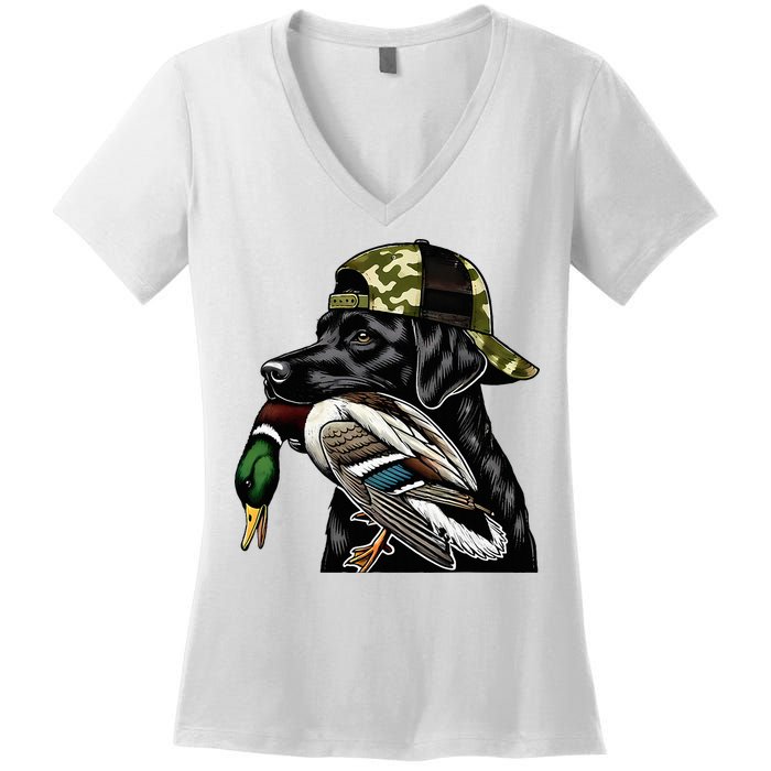 Labrador Hunting Dog With Duck Hello Hunting Season Women's V-Neck T-Shirt