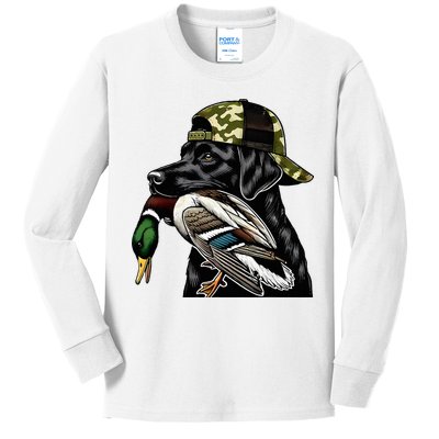 Labrador Hunting Dog With Duck Hello Hunting Season Kids Long Sleeve Shirt