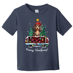 Long Haired Dachshund Christmas Dog Truck Plaid Funny Xmas Toddler T-Shirt