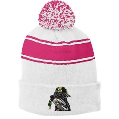 Labrador Hunting Dog With Duck Hello Hunting Season Stripe Pom Pom Beanie