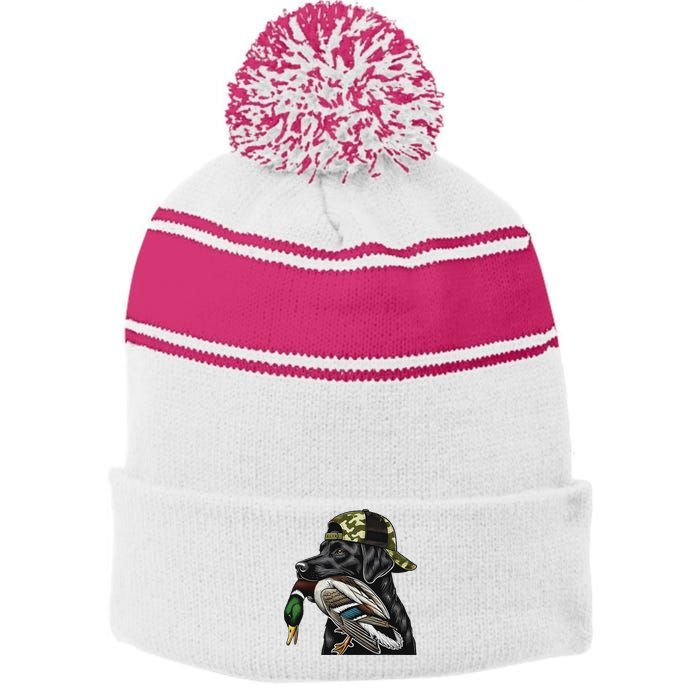 Labrador Hunting Dog With Duck Hello Hunting Season Stripe Pom Pom Beanie