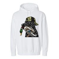 Labrador Hunting Dog With Duck Hello Hunting Season Garment-Dyed Fleece Hoodie