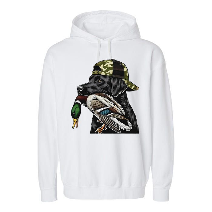 Labrador Hunting Dog With Duck Hello Hunting Season Garment-Dyed Fleece Hoodie