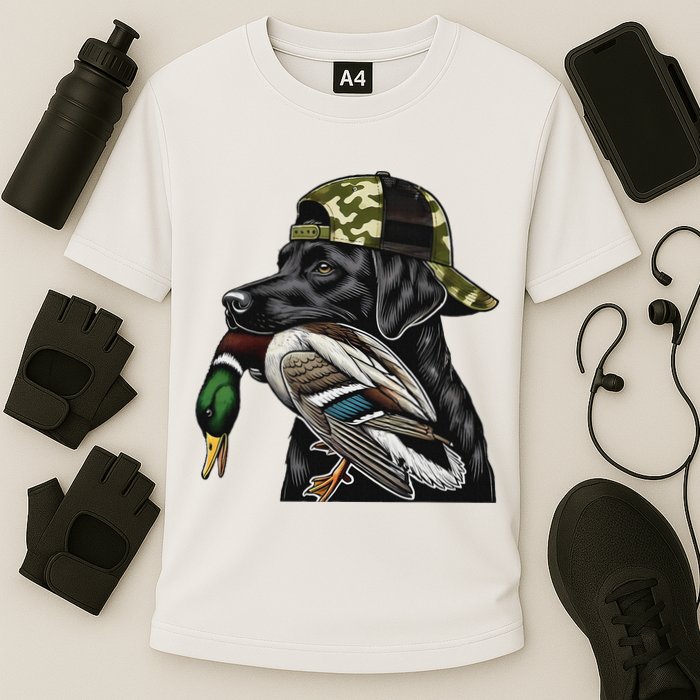 Labrador Hunting Dog With Duck Hello Hunting Season Performance Shirt