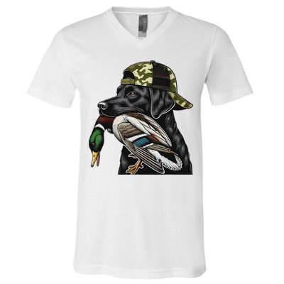Labrador Hunting Dog With Duck Hello Hunting Season V-Neck T-Shirt