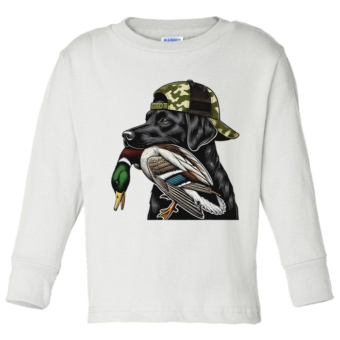 Labrador Hunting Dog With Duck Hello Hunting Season Toddler Long Sleeve Shirt