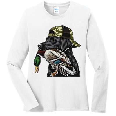Labrador Hunting Dog With Duck Hello Hunting Season Ladies Long Sleeve Shirt