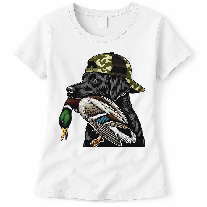 Labrador Hunting Dog With Duck Hello Hunting Season Womens T-Shirt