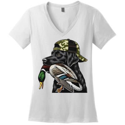 Labrador Hunting Dog With Duck Hello Hunting Season Women's V-Neck T-Shirt