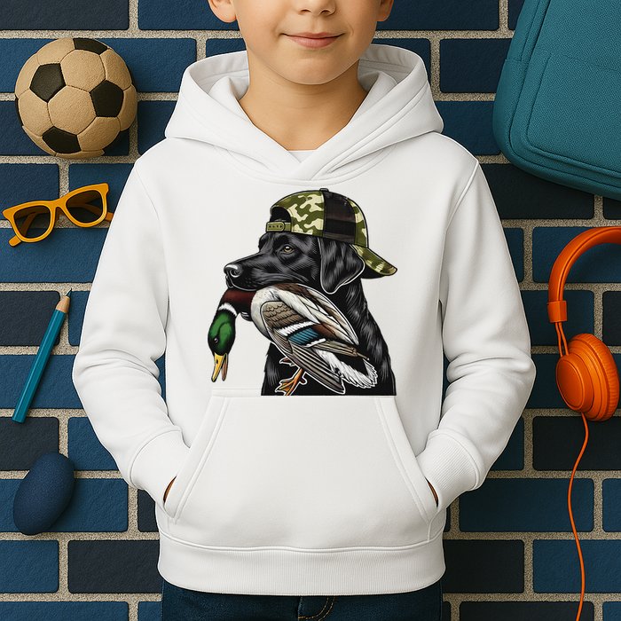 Labrador Hunting Dog With Duck Hello Hunting Season Kids Hoodie
