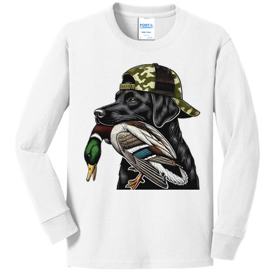 Labrador Hunting Dog With Duck Hello Hunting Season Kids Long Sleeve Shirt