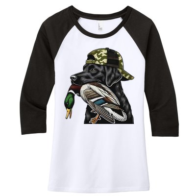 Labrador Hunting Dog With Duck Hello Hunting Season Women's Tri-Blend 3/4-Sleeve Raglan Shirt