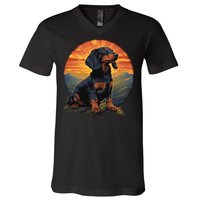 Long Haired Dachshund pet lover retro vintage V-Neck T-Shirt