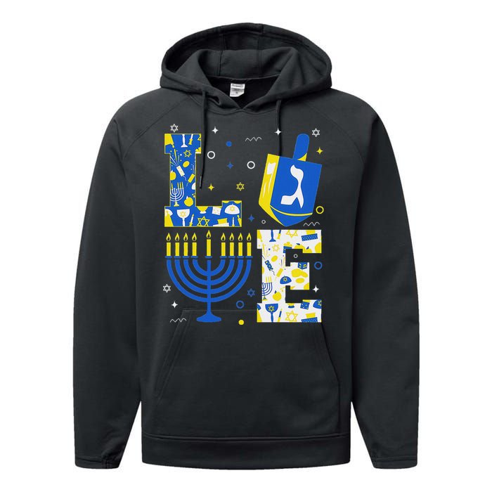 Love Hanukkah Dreidel Menorah Jewish Chanukah Performance Fleece Hoodie