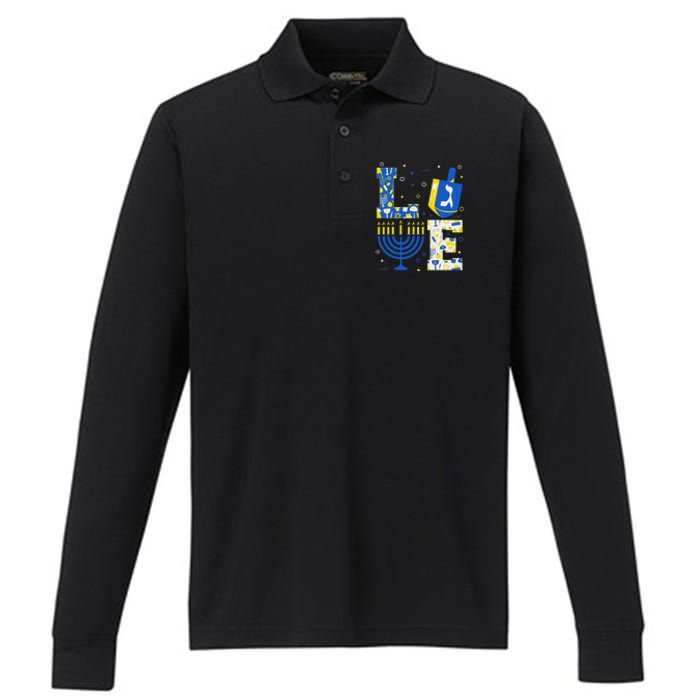 Love Hanukkah Dreidel Menorah Jewish Chanukah Performance Long Sleeve Polo