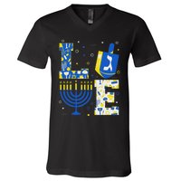 Love Hanukkah Dreidel Menorah Jewish Chanukah V-Neck T-Shirt