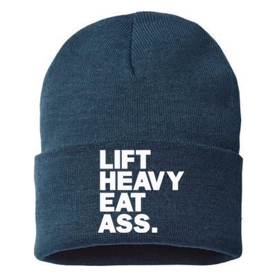 Lift Heavy Eat Ass Funny Adult Humor Workout Fitness Gym Sustainable Knit Beanie