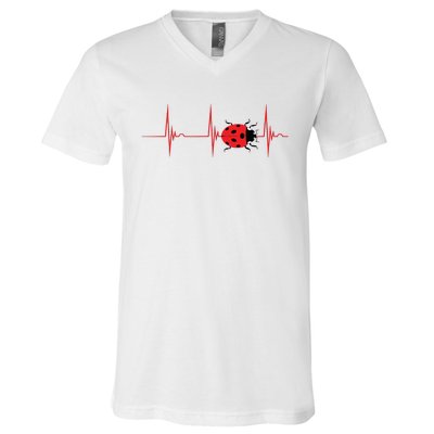 Ladybug Heartbeat EKG Pulse Insects Bugs Entomology V-Neck T-Shirt