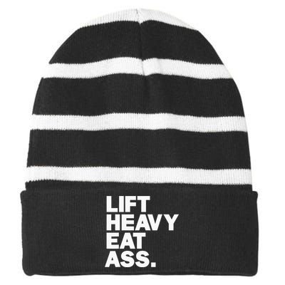 Lift Heavy Eat Ass Funny Adult Humor Workout Fitness Gym Striped Beanie with Solid Band