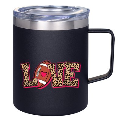 Love Heart Football Sports Fan Cute Leopard Print 12oz Stainless Steel Coffee Mug