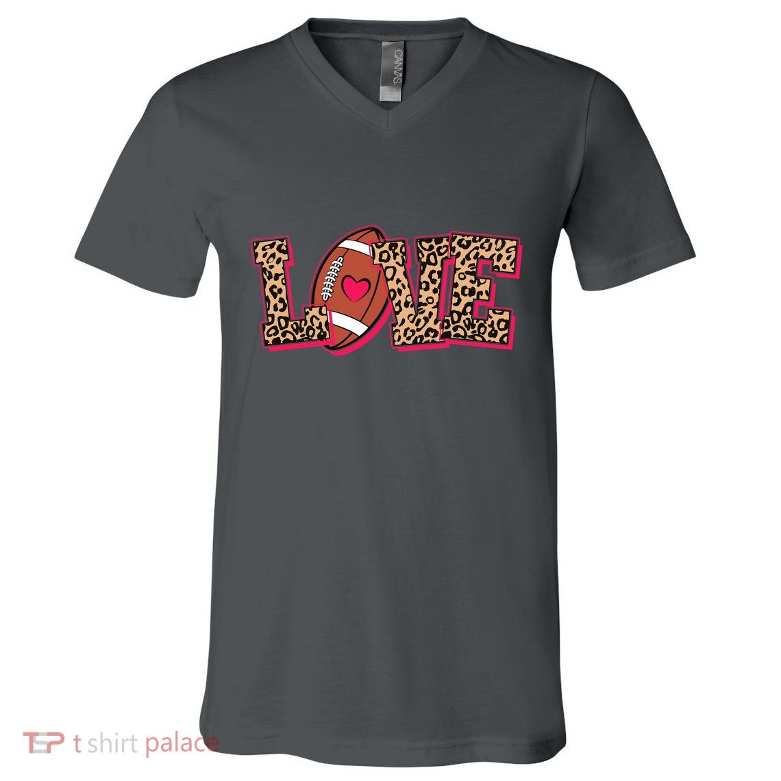 Love Heart Football Sports Fan Cute Leopard Print V-Neck T-Shirt