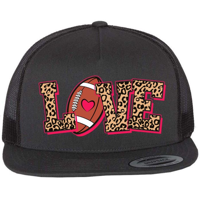 Love Heart Football Sports Fan Cute Leopard Print Flat Bill Trucker Hat