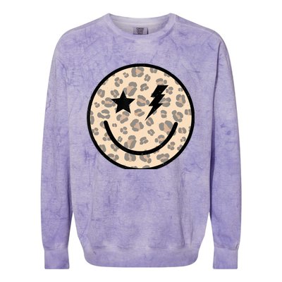 Leopard Happy Face Funny Retro Groovy Smile Face Meme Trendy Colorblast Crewneck Sweatshirt