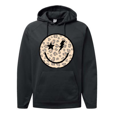 Leopard Happy Face Funny Retro Groovy Smile Face Meme Trendy Performance Fleece Hoodie