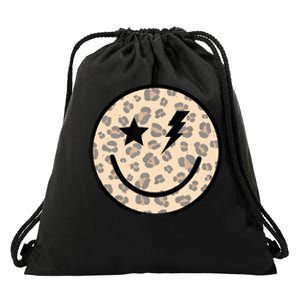 Leopard Happy Face Funny Retro Groovy Smile Face Meme Trendy Drawstring Bag