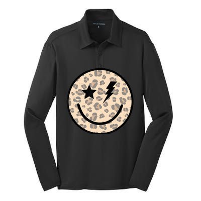 Leopard Happy Face Funny Retro Groovy Smile Face Meme Trendy Silk Touch Performance Long Sleeve Polo