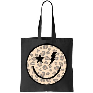 Leopard Happy Face Funny Retro Groovy Smile Face Meme Trendy Tote Bag