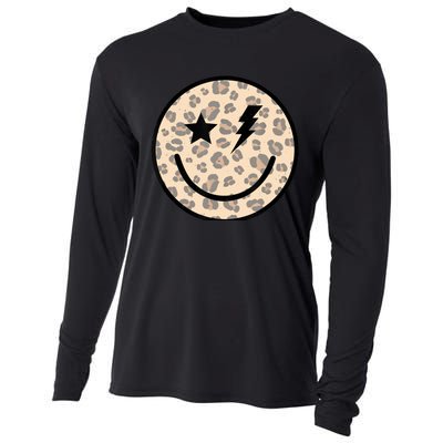 Leopard Happy Face Funny Retro Groovy Smile Face Meme Trendy Cooling Performance Long Sleeve Crew