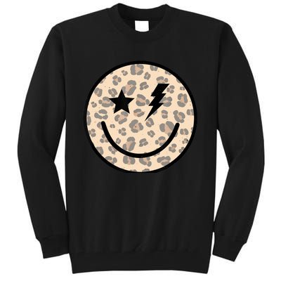 Leopard Happy Face Funny Retro Groovy Smile Face Meme Trendy Tall Sweatshirt