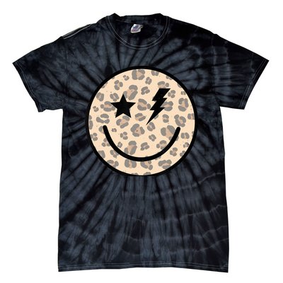 Leopard Happy Face Funny Retro Groovy Smile Face Meme Trendy Tie-Dye T-Shirt