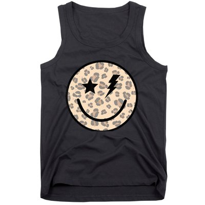 Leopard Happy Face Funny Retro Groovy Smile Face Meme Trendy Tank Top