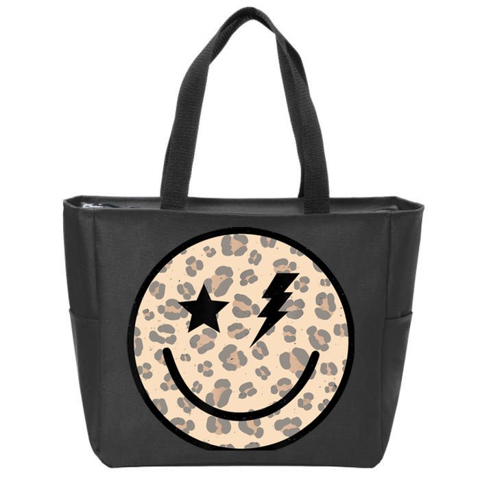 Leopard Happy Face Funny Retro Groovy Smile Face Meme Trendy Zip Tote Bag