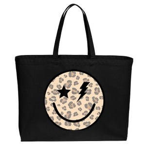 Leopard Happy Face Funny Retro Groovy Smile Face Meme Trendy Cotton Canvas Jumbo Tote