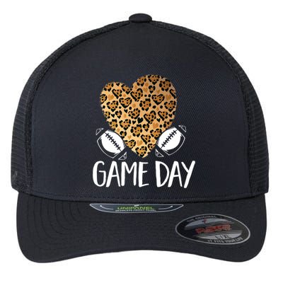 Leopard Heart Football Mom Game Day Gift Flexfit Unipanel Trucker Cap