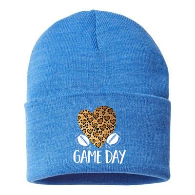 Leopard Heart Football Mom Game Day Gift Sustainable Knit Beanie