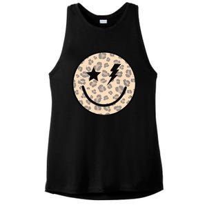 Leopard Happy Face Funny Retro Groovy Smile Face Meme Trendy Ladies PosiCharge Tri-Blend Wicking Tank